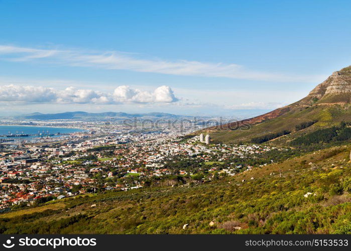 blur in south africa cape town city skyline from table mountain sky ocean and house