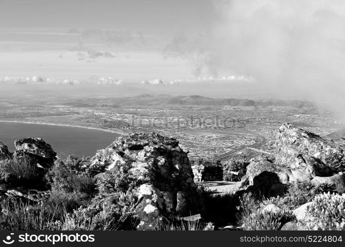 blur in south africa cape town city skyline from table mountain sky ocean and house