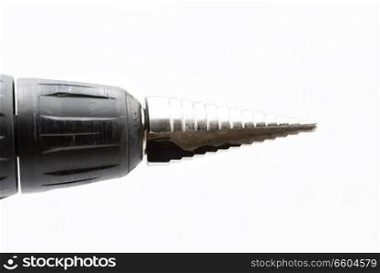 blur in the white background the rotation of a drill bit like concept of manual work  and copy space for text
