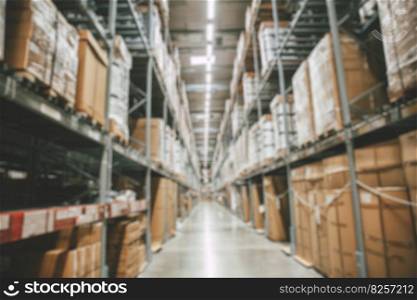 Blur warehouse goods stock products inventory or factory cargo storage prepare for shipping distribution background.
