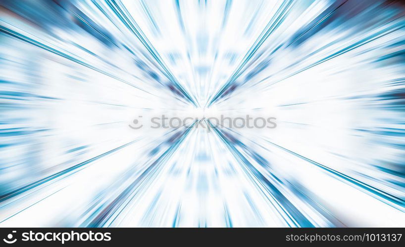 Blur zoom abstract background in blue and white, vanishing point diminishing perspective. Information technology, tech wallpaper, internet connection, or financial business concept