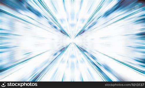 Blur zoom abstract background in blue and white, vanishing point diminishing perspective. Information technology, tech wallpaper, internet connection, or financial business concept
