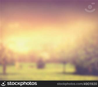 Blurred autumn nature background with tree, grass and sunset sky