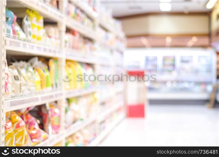 Blurred background, blur products on shelves at grocery store background, business concept