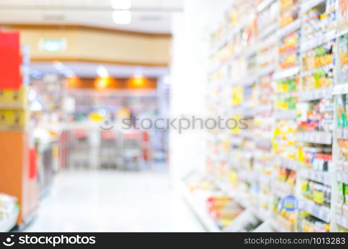 Blurred background, blur products on shelves at grocery supermarket store background, business concept