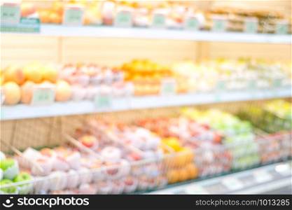 Blurred background, blur supermarket at fresh fruit shelves, grocery store with people, business background concept