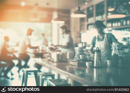 Blurred background image of coffee shop. Business people on break, created with genertive AI