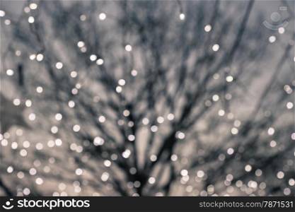 Blurred bokeh lights with deciduous tree on background, retro and vintage style image