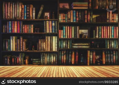 blurred bookshelf Many old books in a book shop or library.