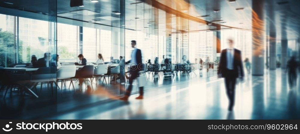 Blurred capture of an active office, highlighting the energy and movement of business activities. Created with generative AI tools. Blurred capture of an active office. Created by AI