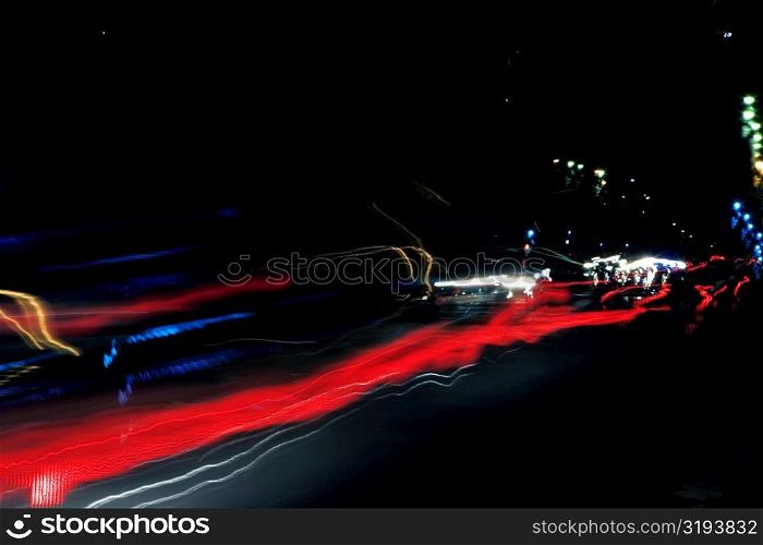 Blurred car lights at night, Los Angeles, California, USA