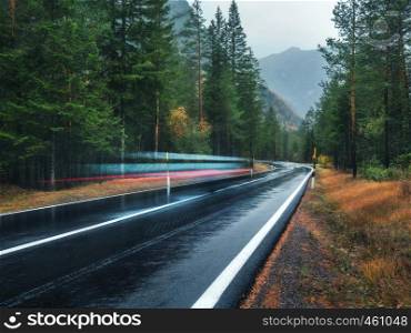 Blurred car on the road in spring forest in rain. Perfect asphalt mountain road in overcast rainy day. Roadway, pine trees in alps. Transportation. Highway in foggy woodland. Car in motion. Travel