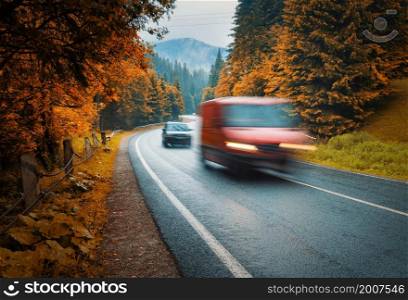 Blurred cars on the road in autumn foggy forest in rainy day. Beautiful mountain roadway, trees with orange foliage in fog. Landscape with red car, asphalt road, woods in fall. Travel. Transport
