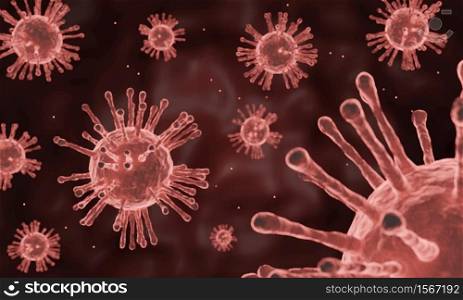 Blurred Coronavirus bacteria COVID-19, illustration microscopic view of floating influenza virus cells, 3d render