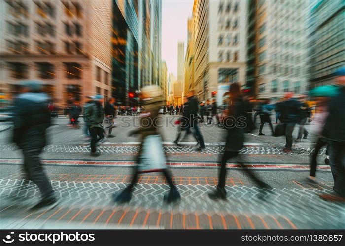 Blurred Crowd of unrecognizable business people walking on Zebra crossing in rush hour working day, Boston, Massachusetts, United States, blur business and people, lifestyle and leisure of Pedestrian concept