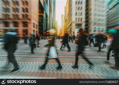 Blurred Crowd of unrecognizable business people walking on Zebra crossing in rush hour working day, Boston, Massachusetts, United States, blur business and people, lifestyle and leisure of Pedestrian concept