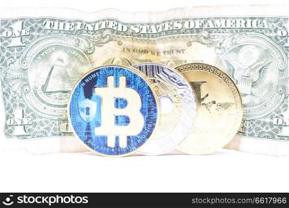 blurred crumpled dollar money and different bitcoin background like concept of problem and future 