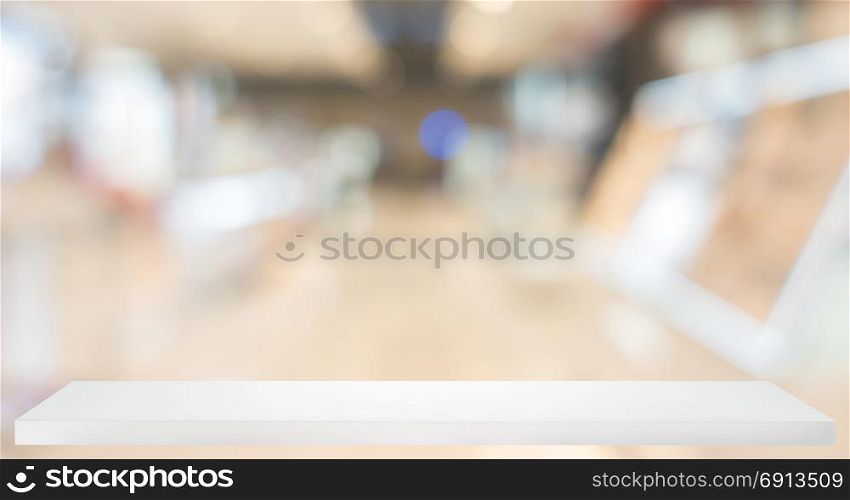 blurred, defocused convenience store with wooden shelf
