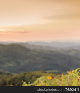 Blurred image of golden sunrise mountain landscape with wild Mexican sunflower blooming valley in Thailand