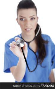 Blurred image of the nurse holding stethoscope over white background