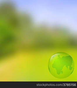 Blurred landscape background with globe symbol. Mesh is used to create blur. Eco design template for web design.&#xA;&#xA;