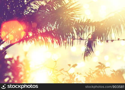 blurred light bokeh with coconut palm tree background on sunset, yellow string lights with bokeh decor in outdoor restaurant