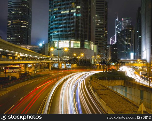 Blurred traffic in downtown district, Hong Kong, China.