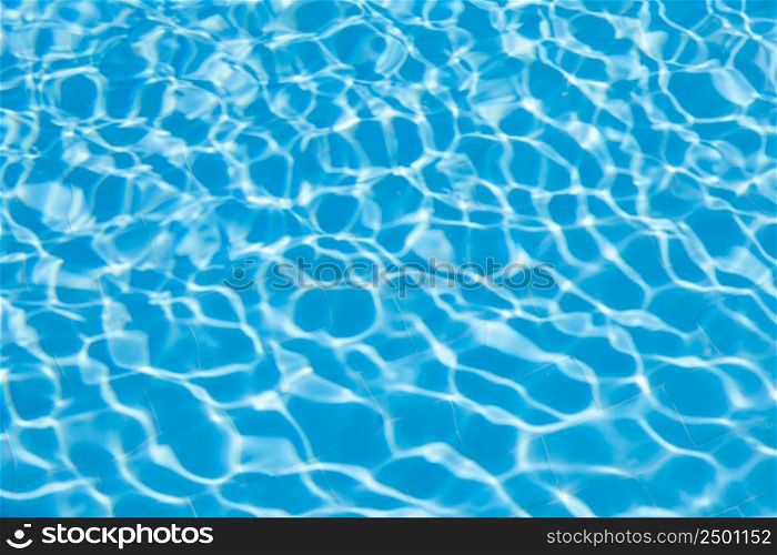 Blurred transparent ripple of blue clear water texture in a swimming pool in sunlight. Abtract view of water wave in sunlight using as background.