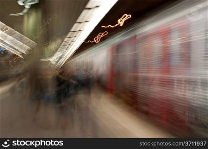 Blurred view of a train at a subway station, Stockholm, Sweden