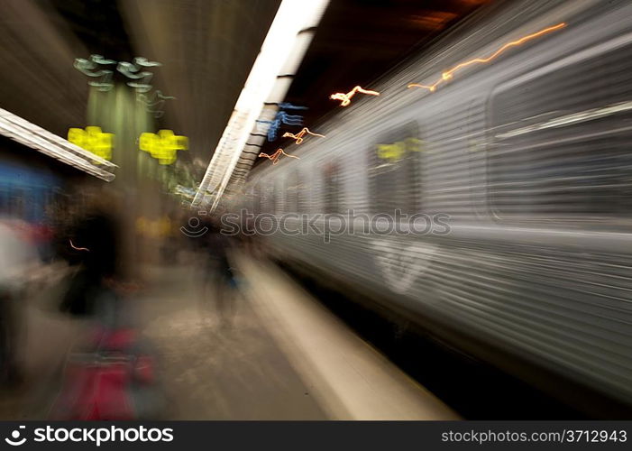 Blurred view of a train at a subway station, Stockholm, Sweden