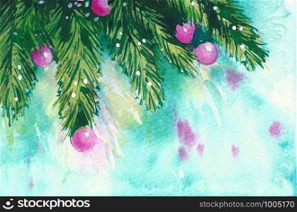 Blurred watercolor background fir branches, balls, New Year