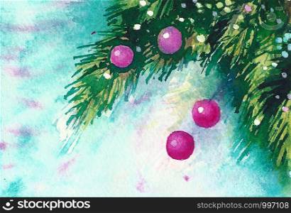 Blurred watercolor background fir branches, balls, New Year