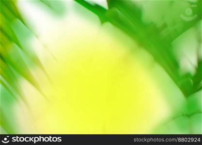 Blurry abstract coconut palm tree under blue sky on tropical beach. Blur green palm leaf on tropical beach with bokeh. Blurred defocused background