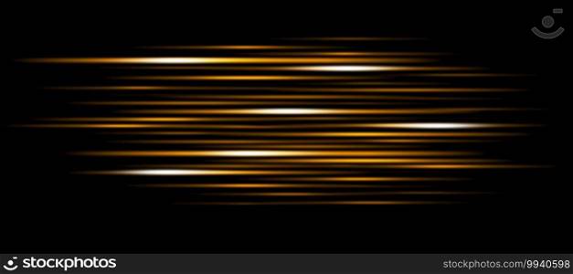 Blurry glowing yellow stripes in motion on a black background. Abstract composition.. Blurry glowing yellow stripes in motion on a black background.