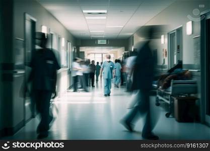 Blurry hospital scene, ideal for healthcare backgrounds with lots of copy space created by generative AI