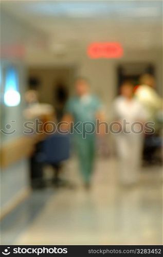 Blurry view of hospital corridor.