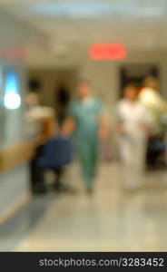 Blurry view of hospital corridor.