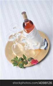 Blush Wine Bottle and Glasses on Tray with Glasses and Rose
