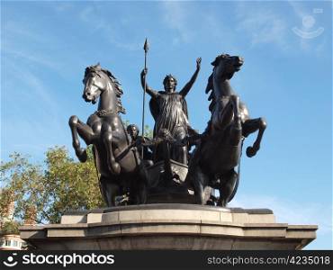 Boadicea monument London. Statue of Boadicea Boudicca Queen of the Iceni who died AD 61 after leading her people against the Roman invader in UK