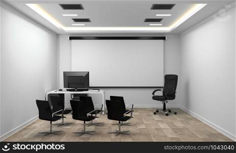 Board room - empty office concept , business interior with chairs and plants and wooden floor on white wall empty. 3D rendering