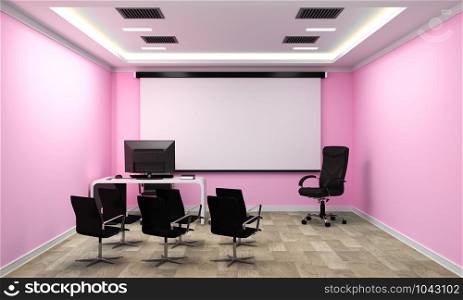 Board room - empty office concept , business interior with chairs and plants and wooden floor on pink wall empty. 3D rendering