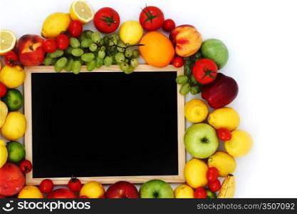 Board surrounded by fruit