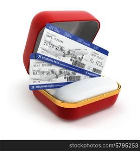 Boarding pass air tocket in gift box isolated on white. 3d