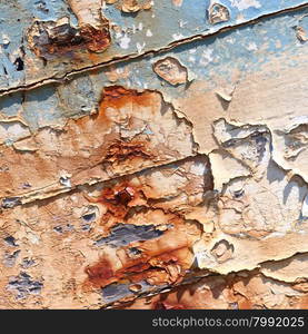 Boards of old boat with peeling paint background texture