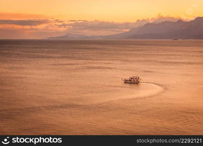 Boat at sea in very cloudy weather in Turkey