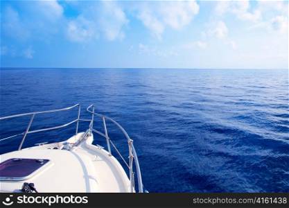 Boat bow sailing in blue Mediterranean sea in summer vacation