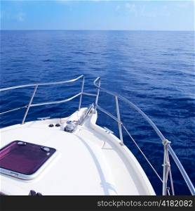 Boat bow sailing in blue Mediterranean sea in summer vacation