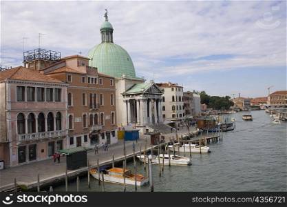Boat docked near a church, Church Of San Simeon Piccolo, Venice, Italy