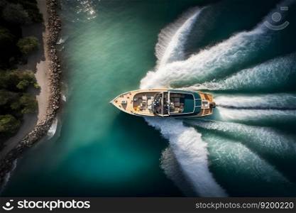 Boat floats in the sea, top view. Neural network AI generated art. Boat floats in the sea, top view. Neural network AI generated