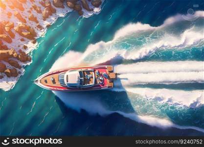 Boat floats in the sea, top view. Neural network AI generated art. Boat floats in the sea, top view. Neural network AI generated